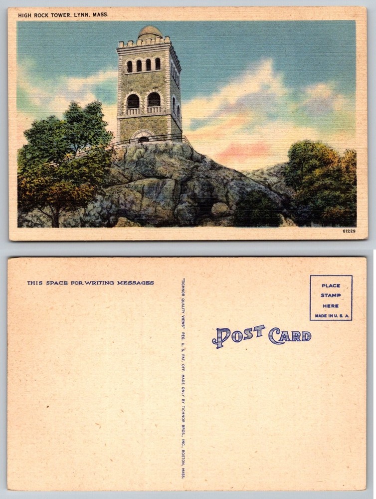 High Rock Tower Lynn MA Postcard Vintage Linen Tichnor Bros. Quality Views