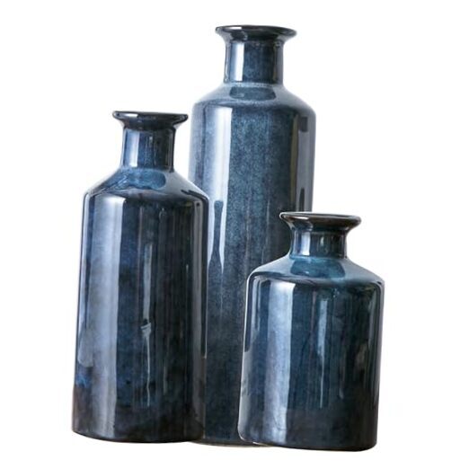 Ceramic Vase Set of 3, Modern Rustic Farmhouse Decor, Glazed Decorative Blue