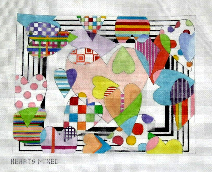 Penny MacLeod Hearts Mixed on Stripes Handpainted Needlepoint Canvas