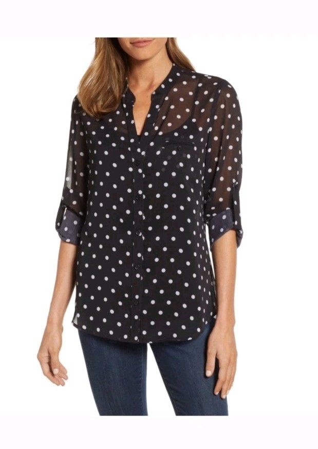 Kut From The Kloth Womens Button Down Sheer Black Polka Dot Blouse XS Classic