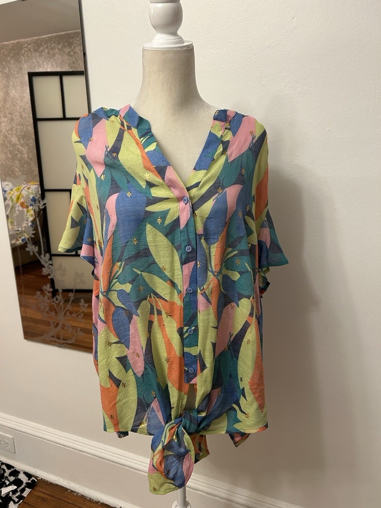 Alex & Parker Multicolor Leaf Print Tie Front Metallic Button Tunic Blouse 2XL