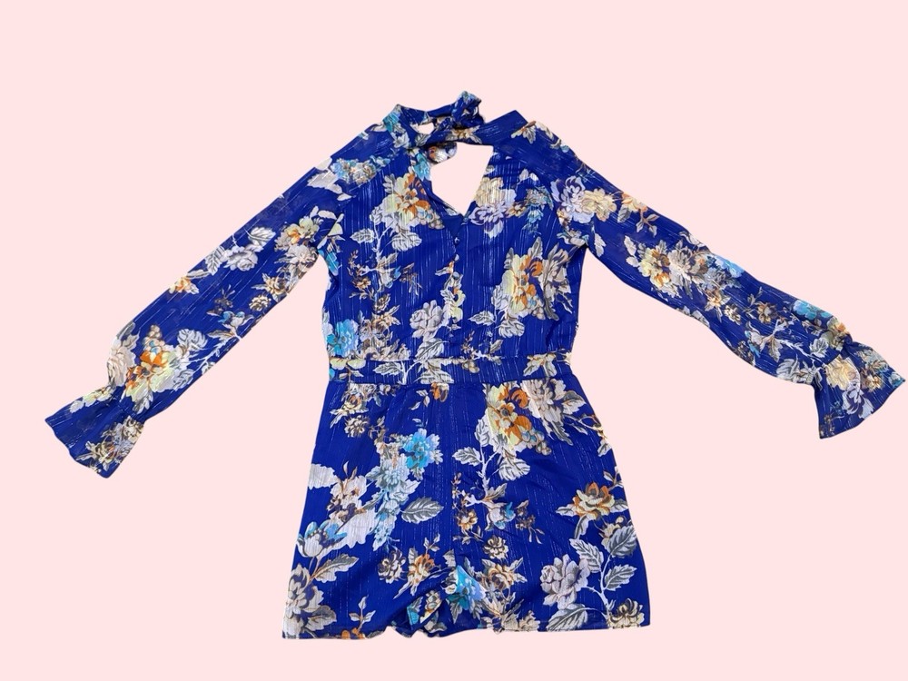 GUESS Women's Floral Long Sleeve Tie V-Neck Romper Size M
