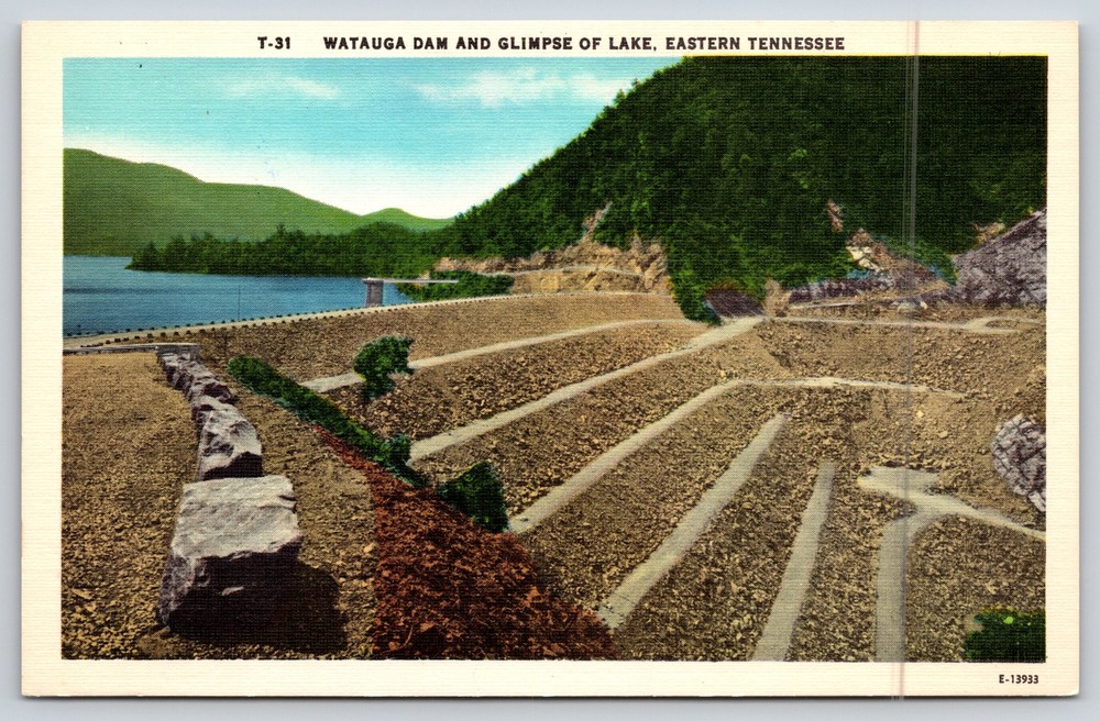 Tennessee~Watauga Dam On The River & Glimpse Of The Lake~Vintage Linen Postcard