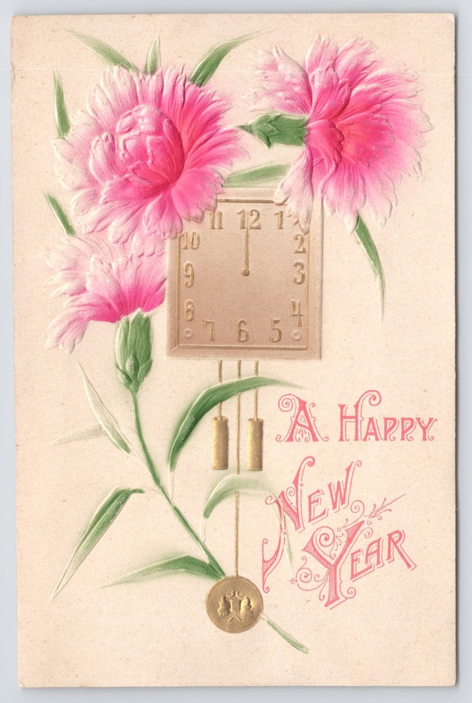 Holiday~Pink Flowers & Clock Happy New Year Greeting~Vintage Postcard