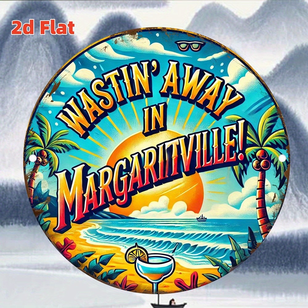 Tropical Beach Tin Metal Sign Wall Art Vintage Margaritaville Lyrics 8x8