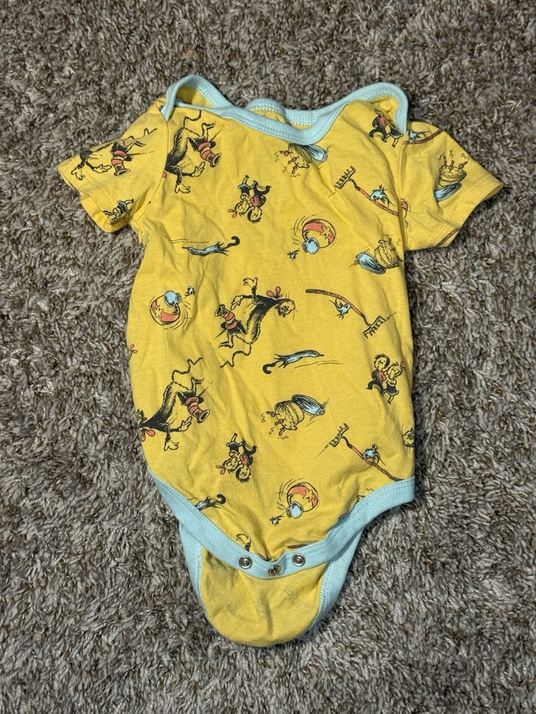 Dr. Seuss Baby Bodysuit Yellow Allover Print Short Sleeve Size 12M Cotton