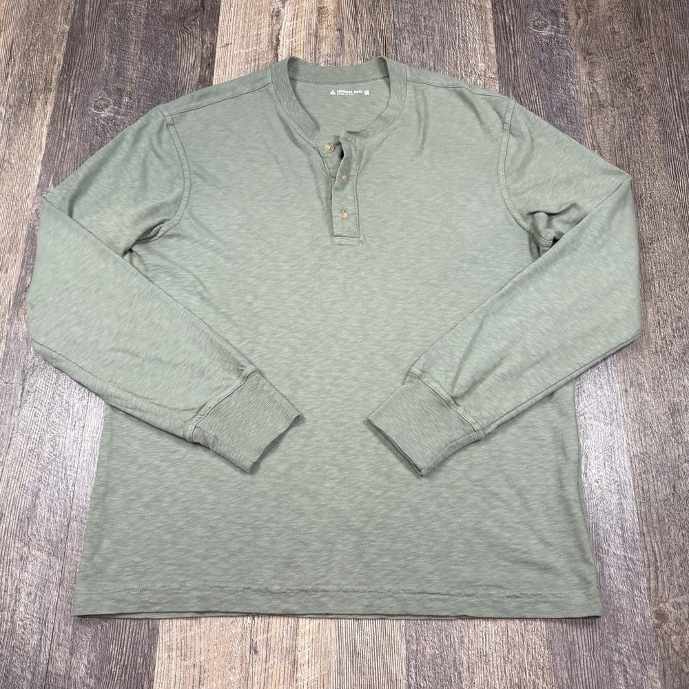 American Giant Henley Shirt Mens Medium Green Long Sleeve USA Midweight T-Shirt