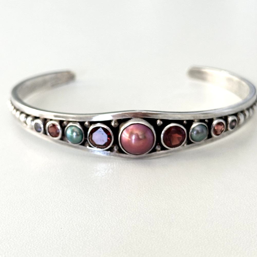 925 Sterling Silver Vintage Multi Gemstone Pearl Garnet Iolite Cuff Bracelet