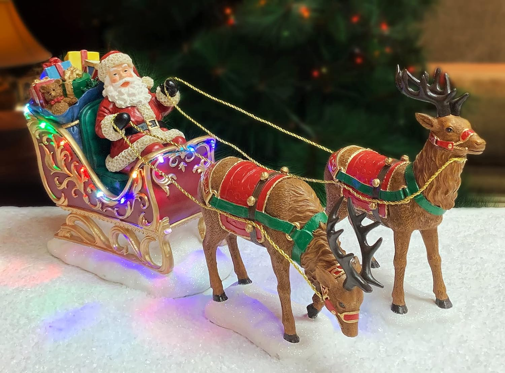 Christmas Decor Santa Riding in a Sleigh with Reindeers, Christmas Tabletop Déco