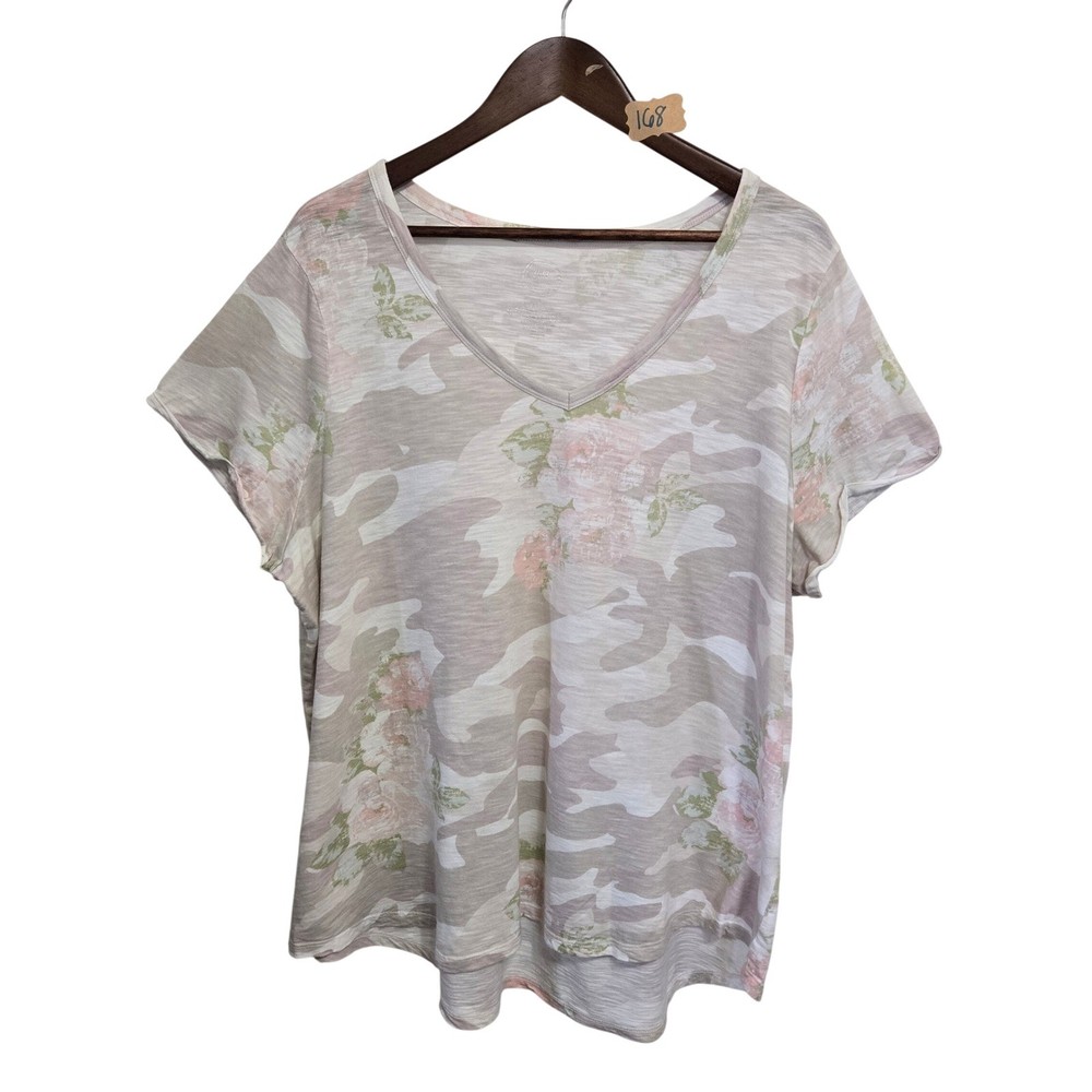 Maurices 24/7 Womens Floral Camo V-Neck T-Shirt Pink Gray Slub Knit Top Size 2XL
