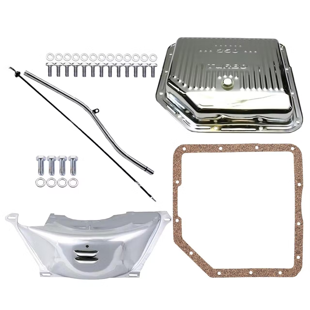Chevy GM Shallow TH350 Chrome Transmission Pan Kit, Flexplate Cover, Dipstick