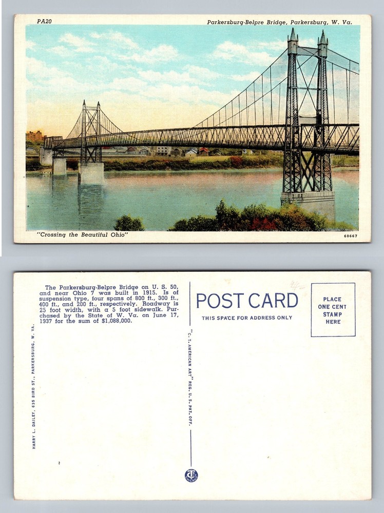 Parkersburg, WV-West Virginia, Belpre Suspension Bridge Vintage Postcard