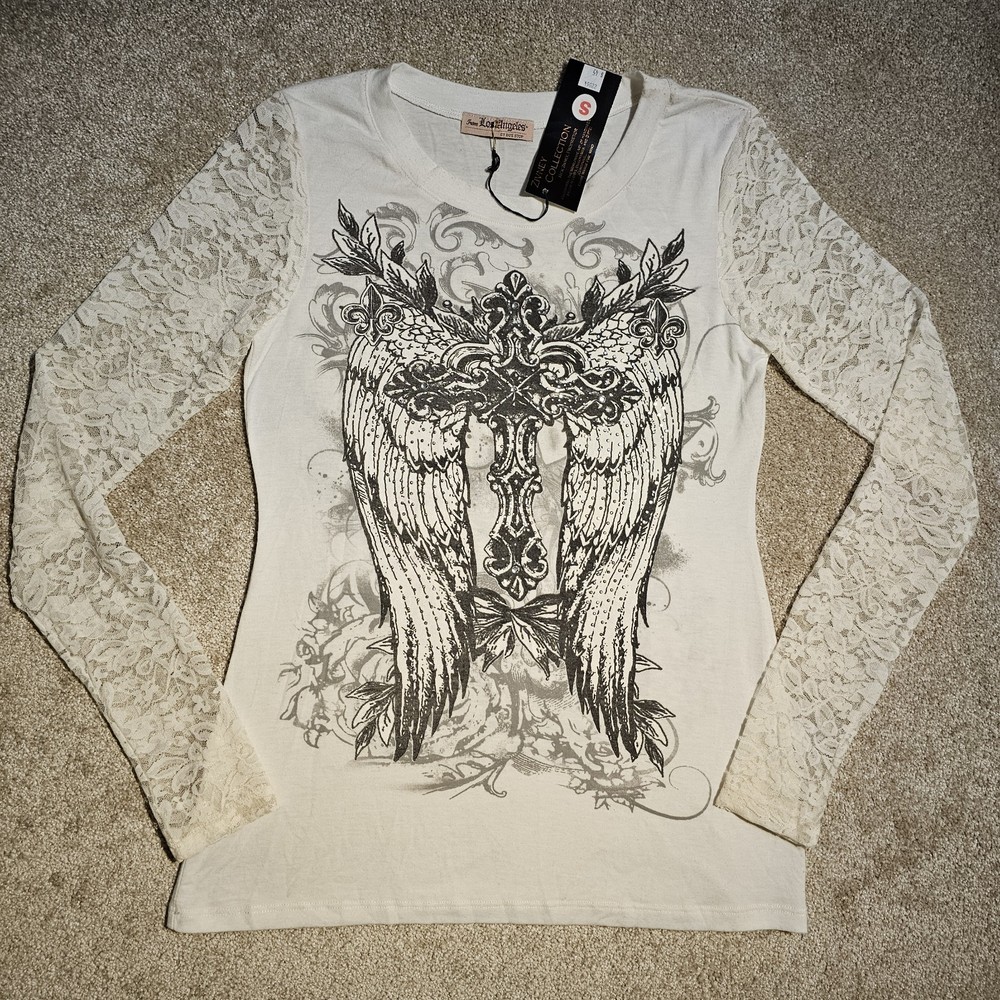 Vtg NWT Y2k Bus Stop Gothic Cross Wings Size S Lace Sleeve Top 90s Grunge Fairy