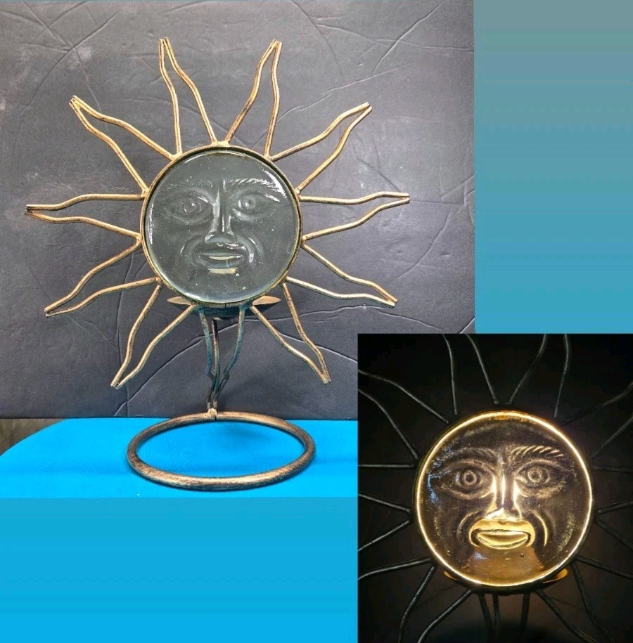 Vintage Rustic Metal Glass Sun Face Celestial Sunbeam Tea Light Candle Holder