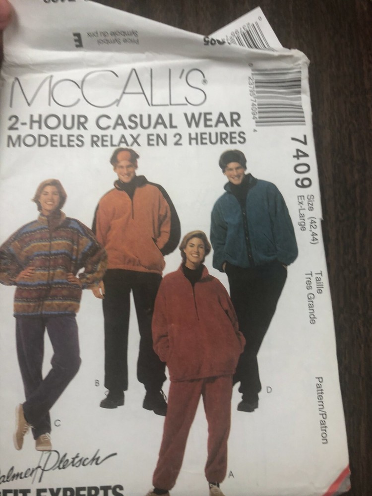 McCall's 7409  2-hour casual wear Sweatpants, Jacket, Sizes 42-44 XL Unisex UNCU