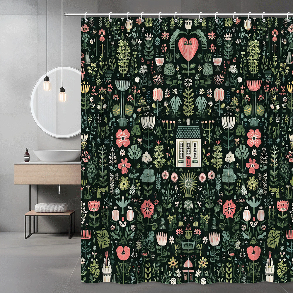 Floral Garden Shower Curtain Dark Green Pink Botanical Print