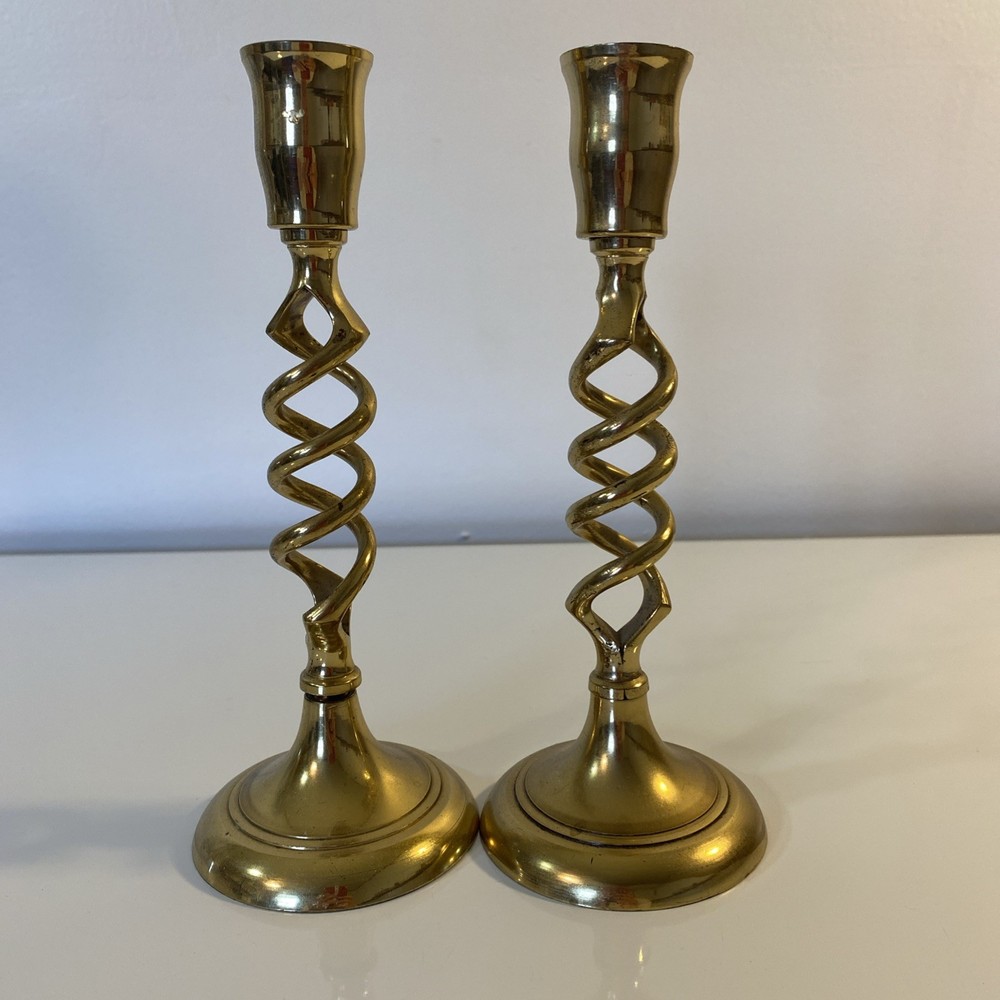 Vintage Pair of Open Barley Twist Brass Candle Sticks 7.5” Spiral