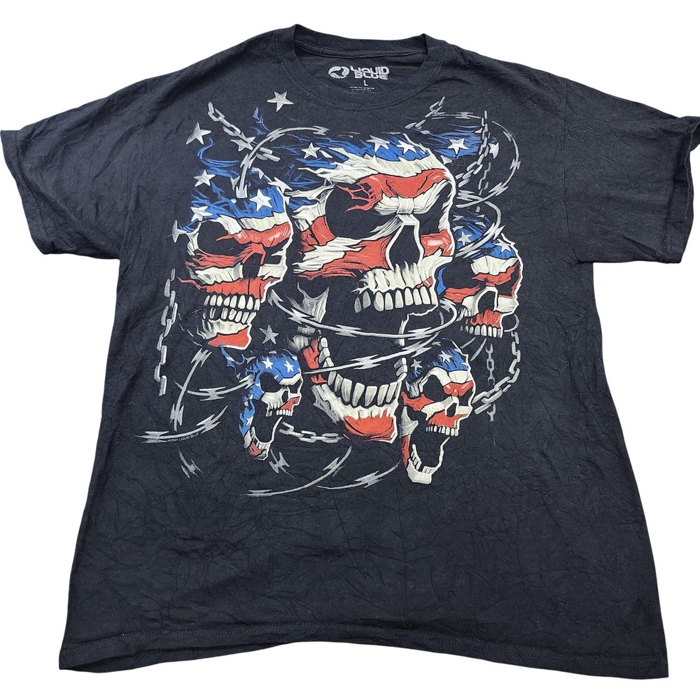 Liquid Blue Shirt Mens Large Black American Flag Skulls Graphic Tee Patriotic