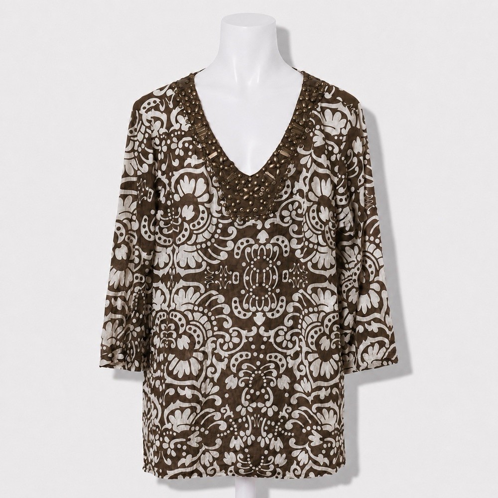 Chico’s Women’s Lightweight Tunic Top Cover-Up Size XL 3 Brown Beaded Runs Small