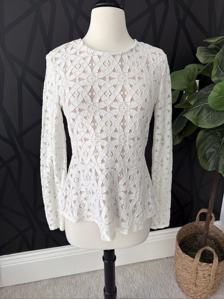 BCBGMAXAZRIA Women's Long Sleeve Blouse Size Small Ivory Lace Back Zipper