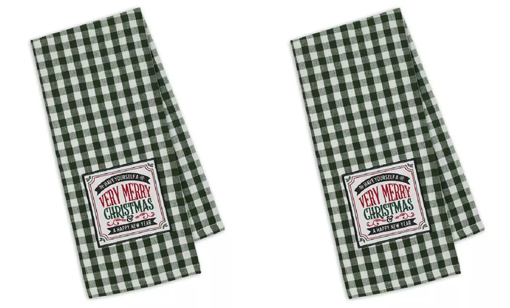 Set of 2 Christmas and New Year Holiday Kitchen Towels Merry and Happy Design