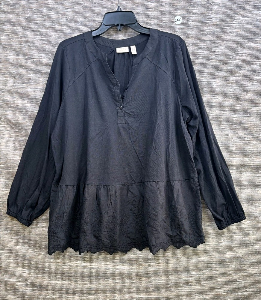 LOGO Lavish by Lori Goldstein Textured Woven Peasant Top Womens Sz 1X Black NEW