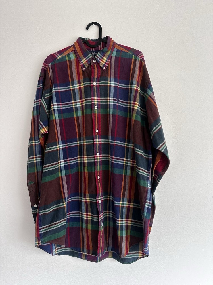 Polo Ralph Lauren Men's Madras Plaid Long Sleeve Shirt 90s Vintage Medium EUC