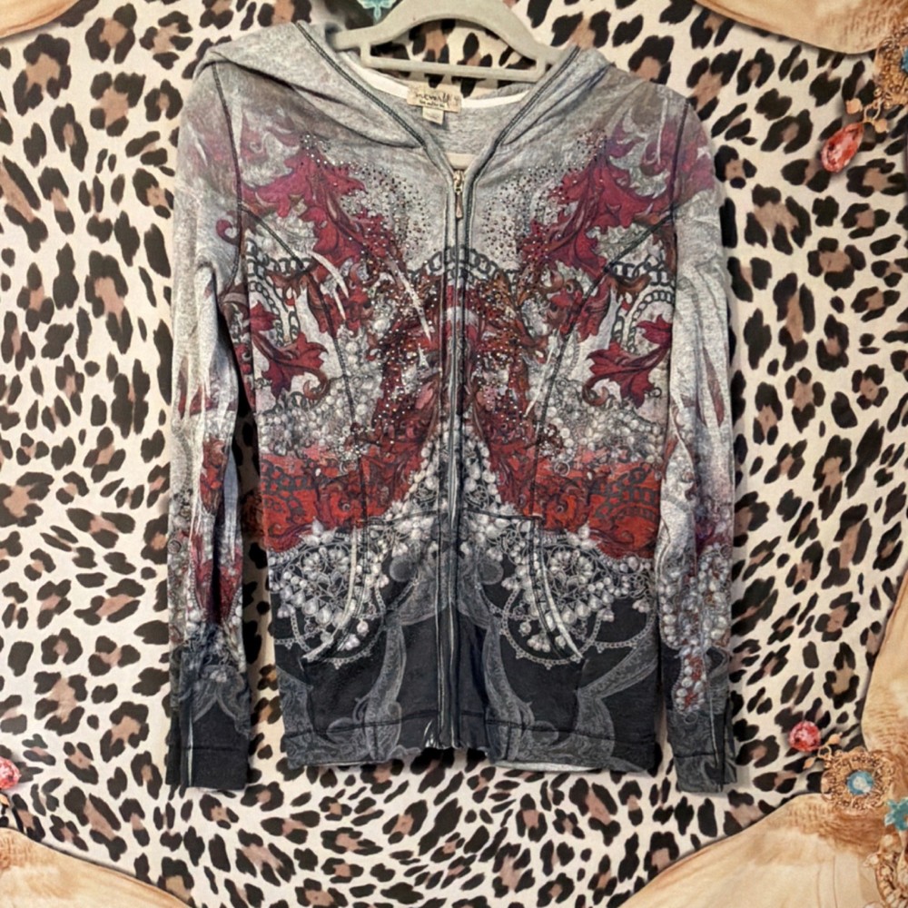 Live And Let Live One World Full Zip Hoodie Gray Red Beaded Floral L
