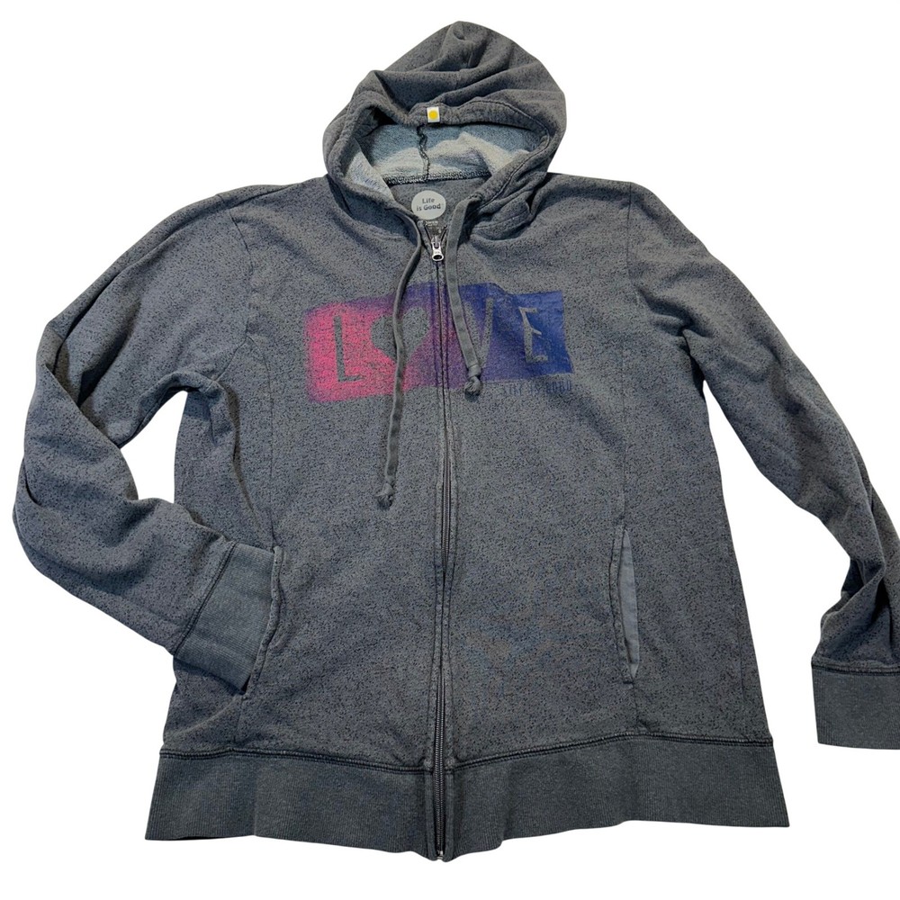 Life is Good Zip Hoodie Womens Large Gray Love Graphic Relaxed Fit Casual