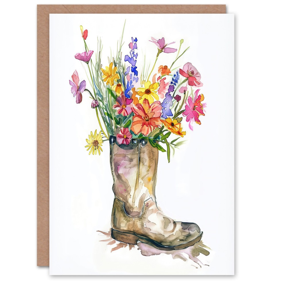 Greeting Card Colourful Wildflower Bouquet in Army Boot Vase Birthday