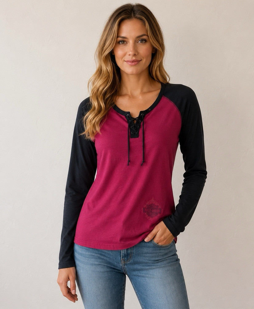 Harley Davidson Women’s Long Sleeve Lace Up Shirt Red and Black Roses Size Small