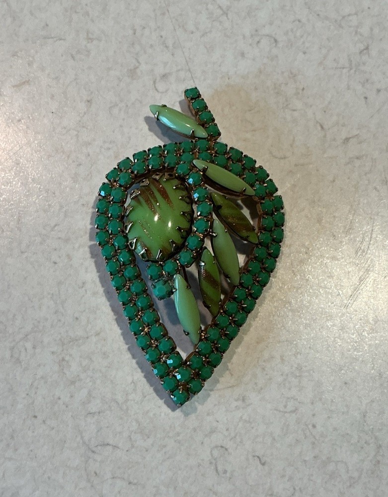 Vintage Gold-Tone Green Enamel Rhinestone Leaf Brooch Pin