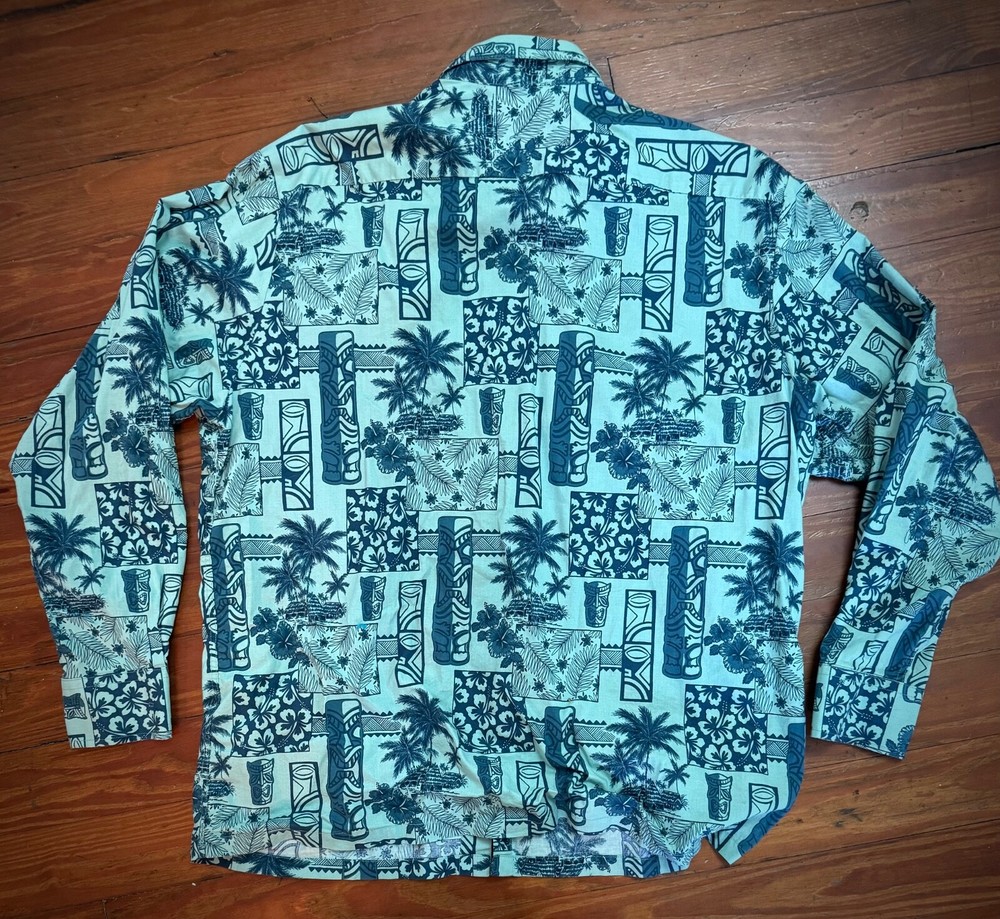 RENY SPOONER Mens XL Teal Blue Abstract Palm Tiki Floral Long Sleeve Shirt-image