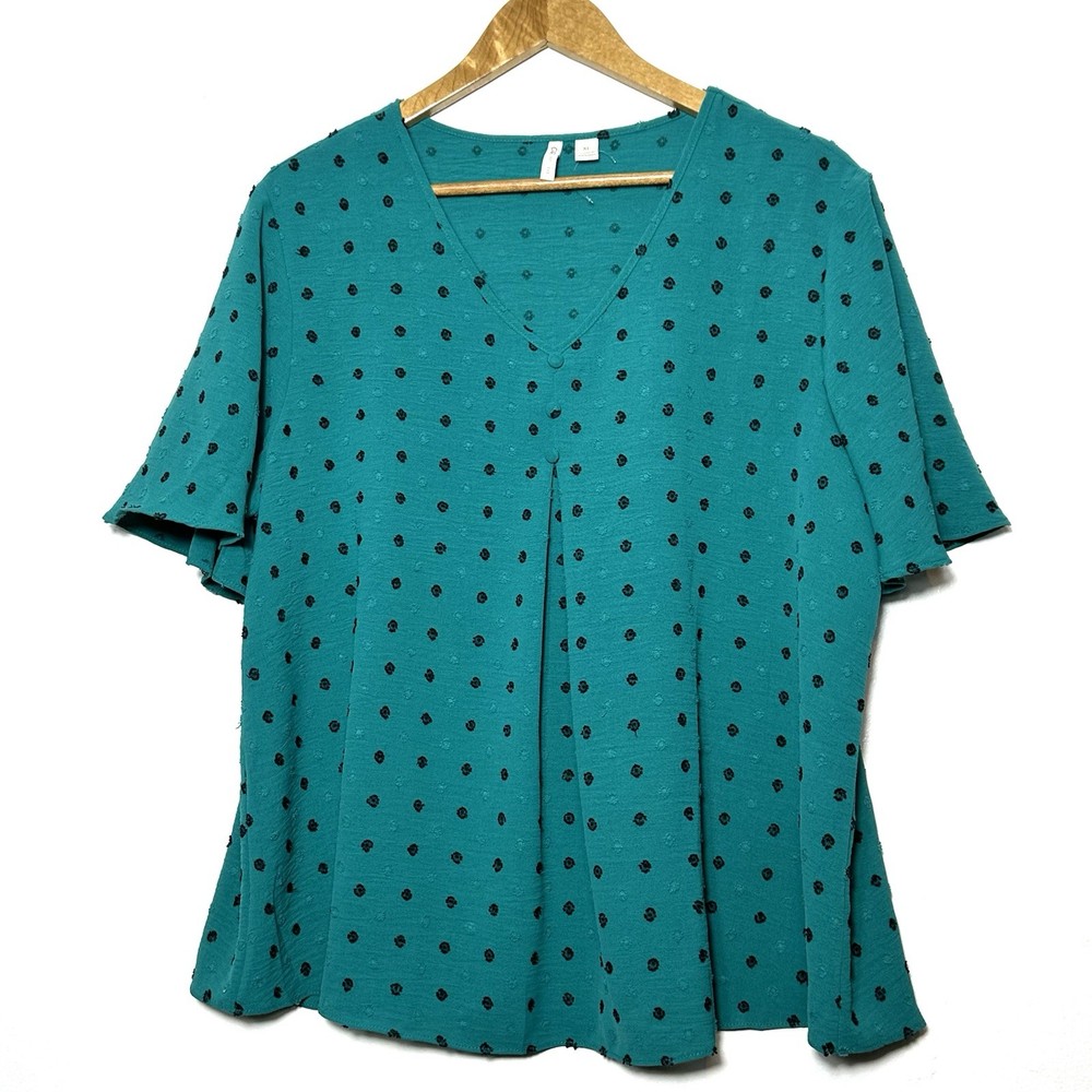Cato Shirt Women’s XL Green Black Polka Dot Boho Short Sleeve V Neck Blouse Top