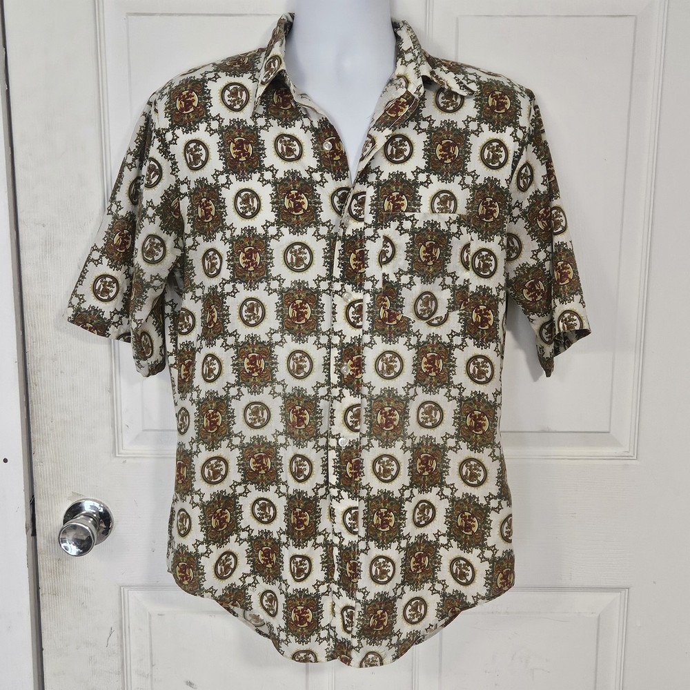 Vintage Sears Perma Press Short Sleeve Shirt Cotton Blend Dragons Fractals SizeM