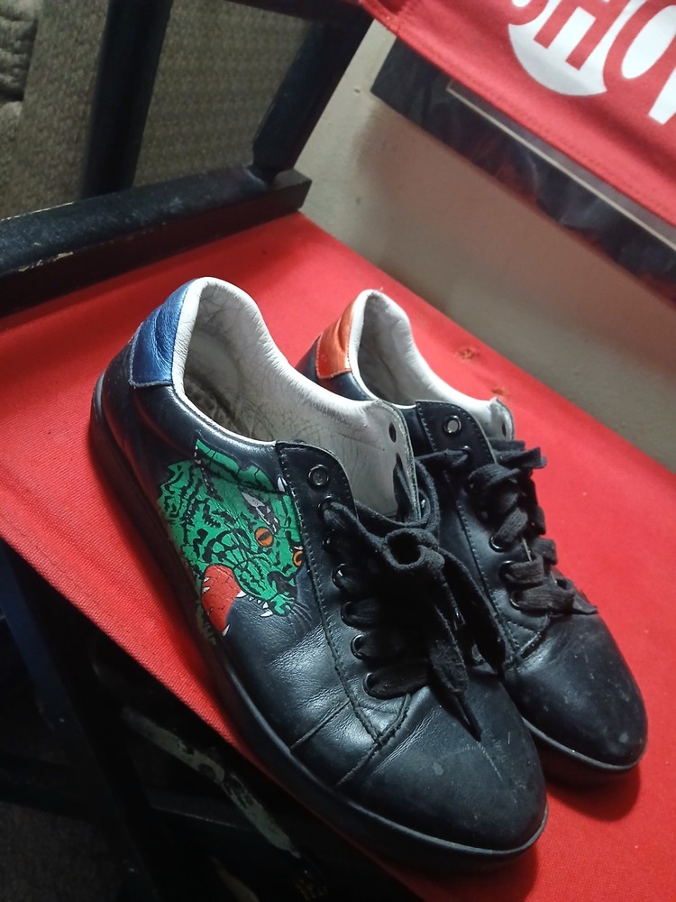 Gucci Men's Black Leather Dragon Sneakers Embroidered Lace Up Comfort Shoes