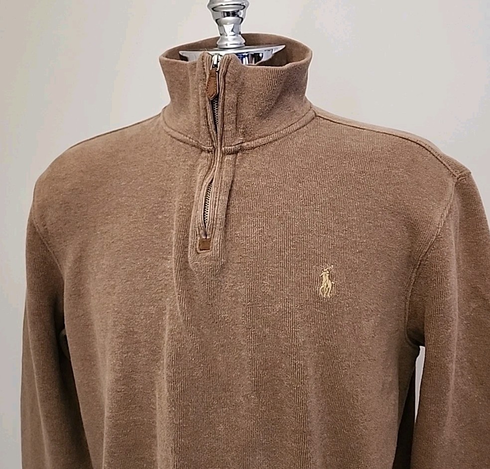 Polo Ralph Lauren Sweater Mens 2XL Brown Quarter Zip Tan Pony Mock Neck Pullover