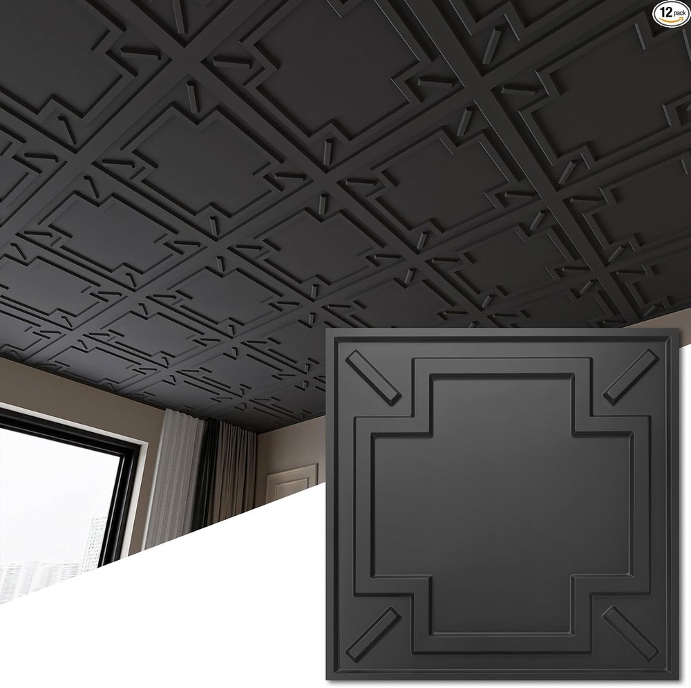 Decorative Drop Ceiling Tile 2‘x2‘, Glue-up 3D Textured Ceiling , Modern Black