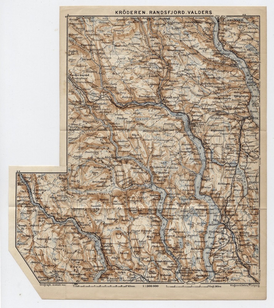 1903 Antique Map Krøderen / Randsfjorden / Valdres Valders / Lillehammer  Norway