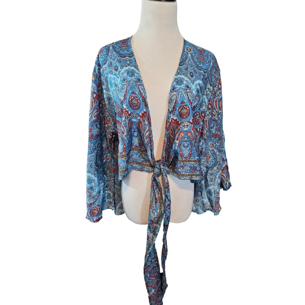 White Waves Blue Paisley Silk Blend Tie Front Bell Sleeve Crop Top Boho NEW