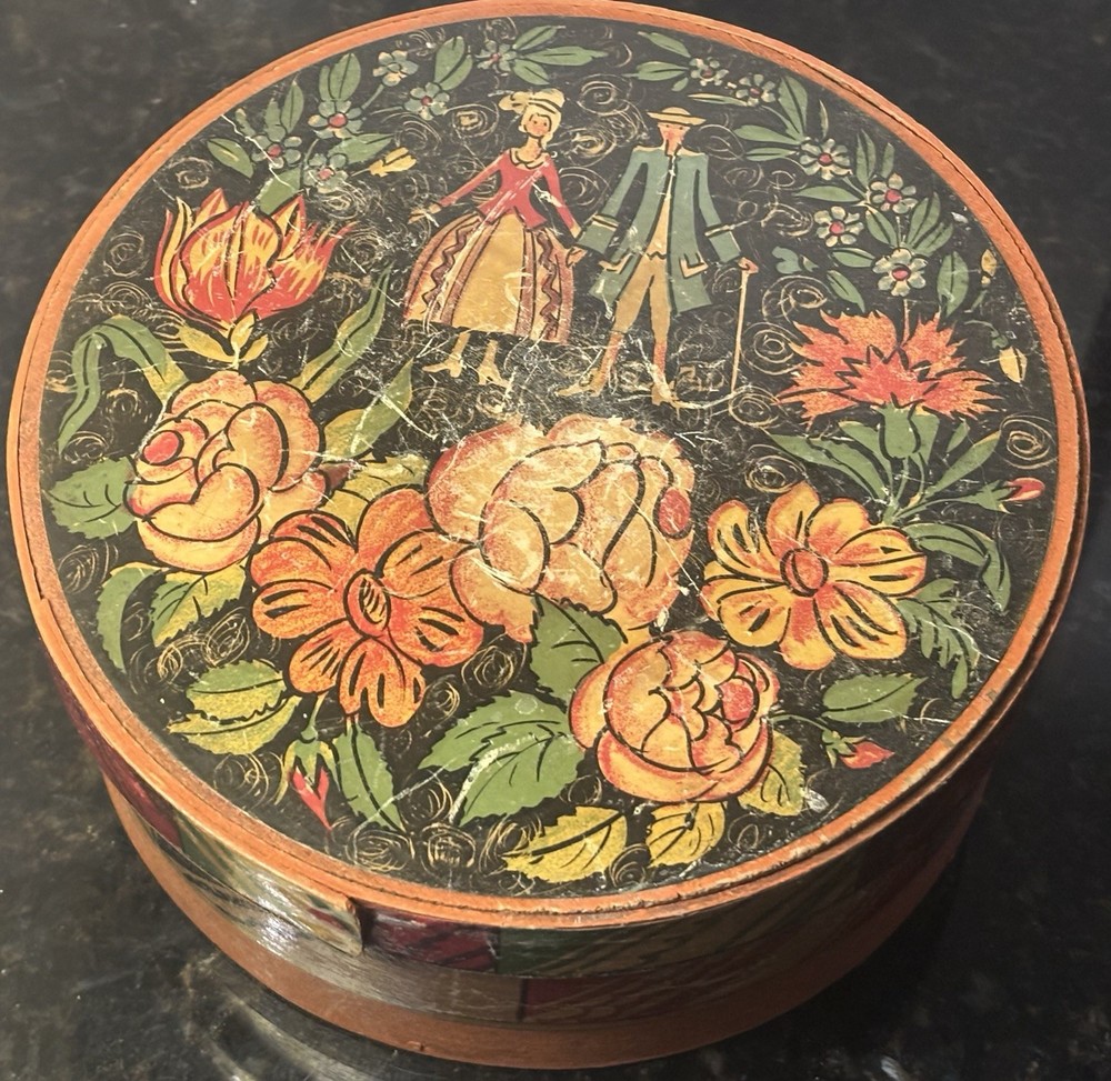 Antique, folk art by Anthony Frederi, Nantucket Round, Wood Pantry Litho-Box/Lid