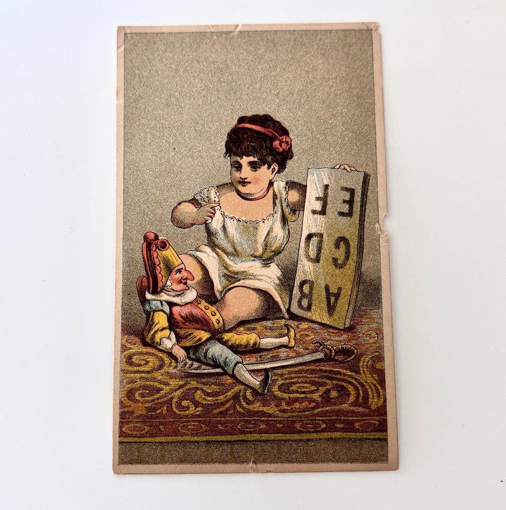 French Trade Card EphemeraThe Reading Lesson Alphabet Victorian 1800s Pierrot