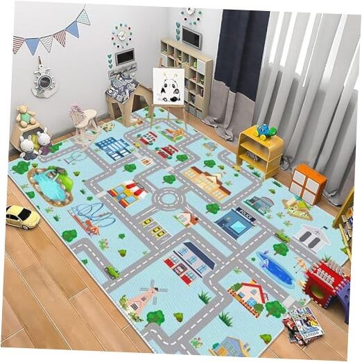 Non-Slip 6x9 Kids City Life Traffic Rug for Toy Cars & Trains