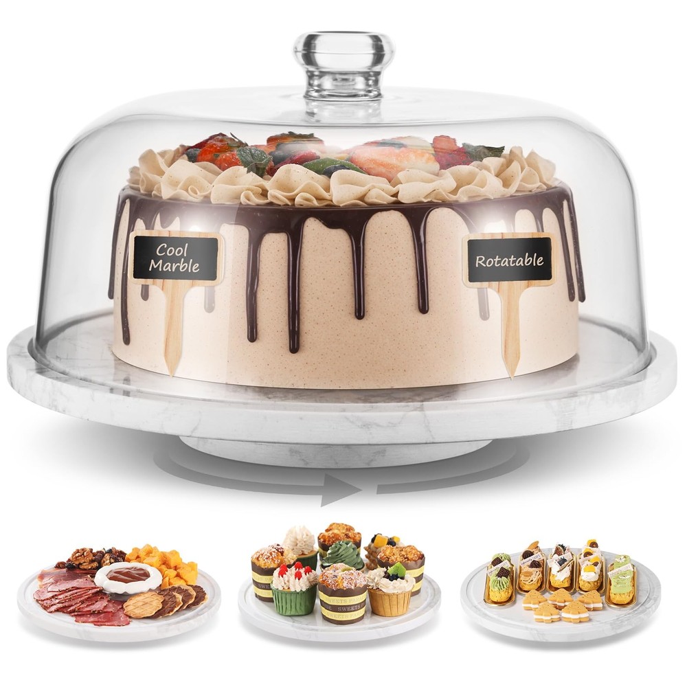 Marble Cake Stand with Dome Lid 360 Rotating Dessert Display Stone Lazy Susan