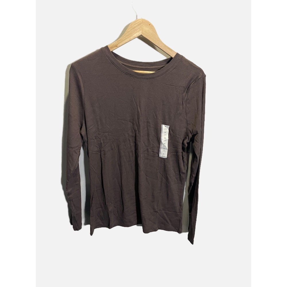 A New Day Long Sleeve Tee Womens XL Brown Ribbed Crew Neck Casual NEW Stretch