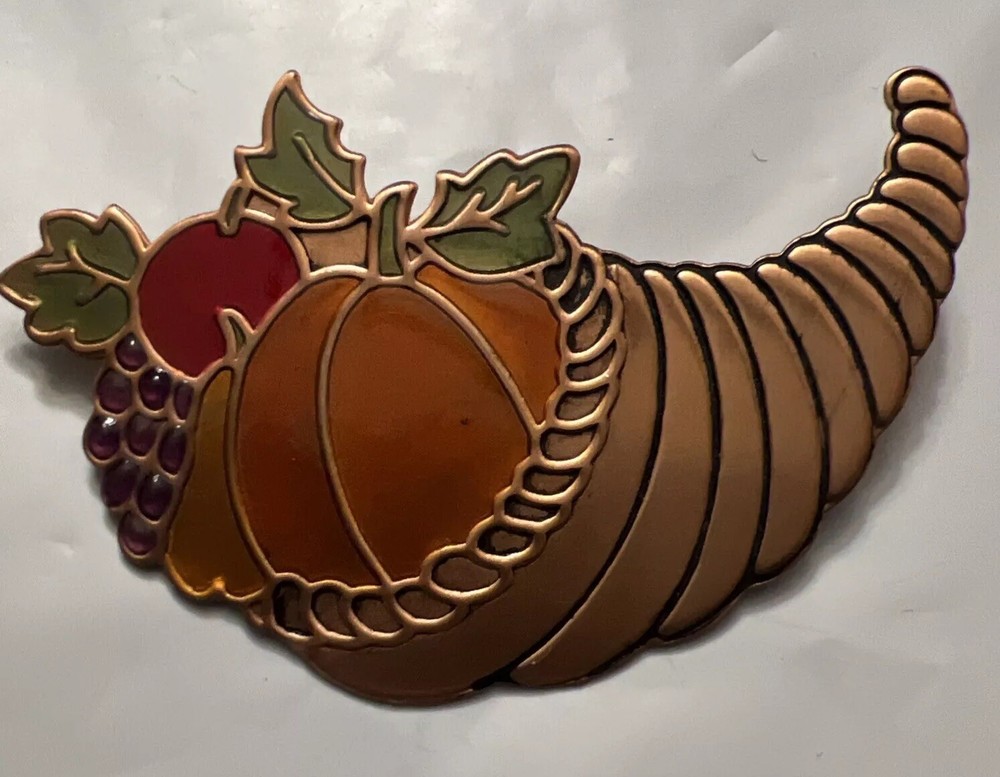 Enamel Copper Cornucopia Brooch Horn Plenty Harvest Thanksgiving Pumpkin Grapes