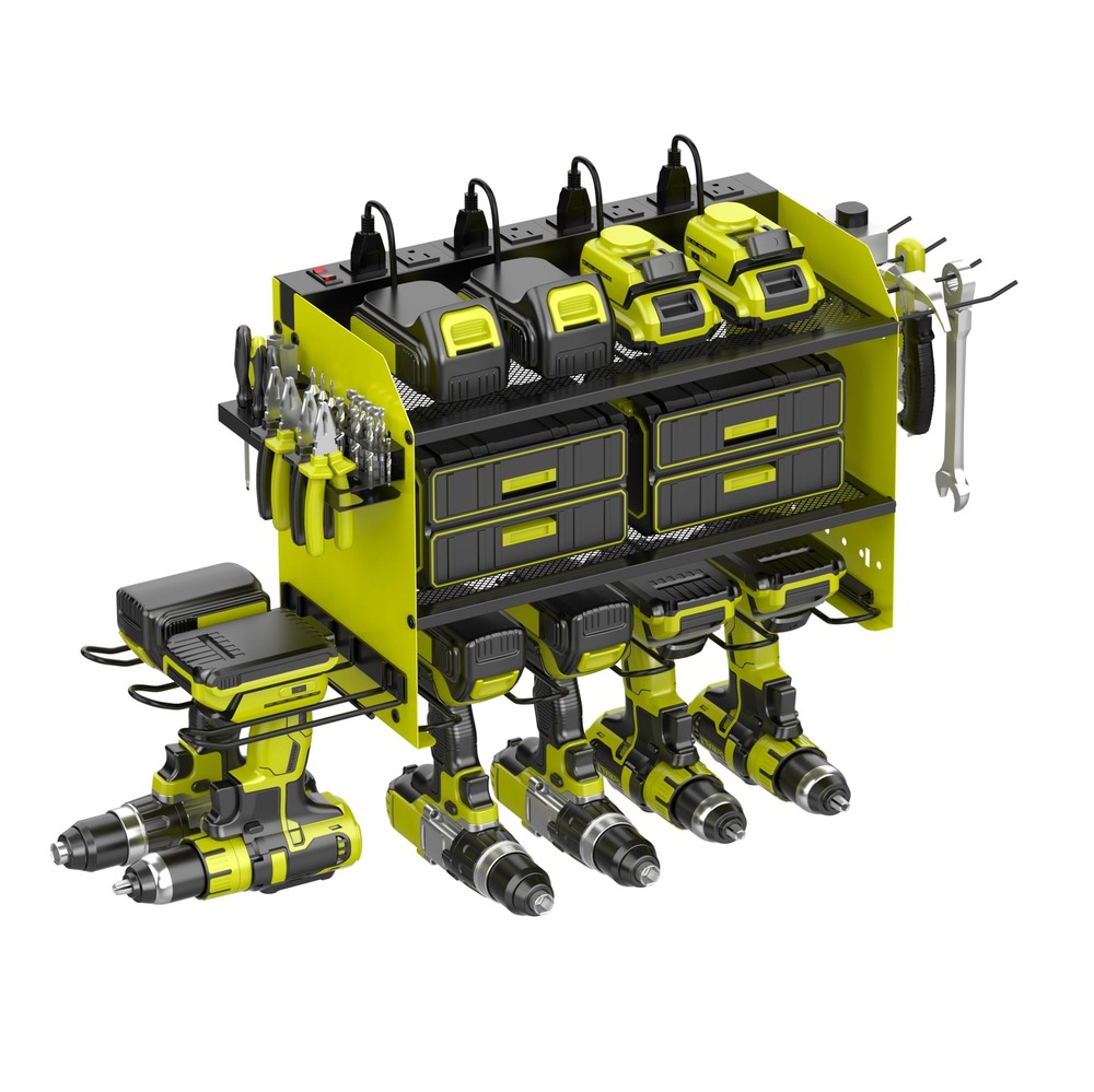 4-Drill Storage Rack with 8-Outlet Charging Station for Power Tools