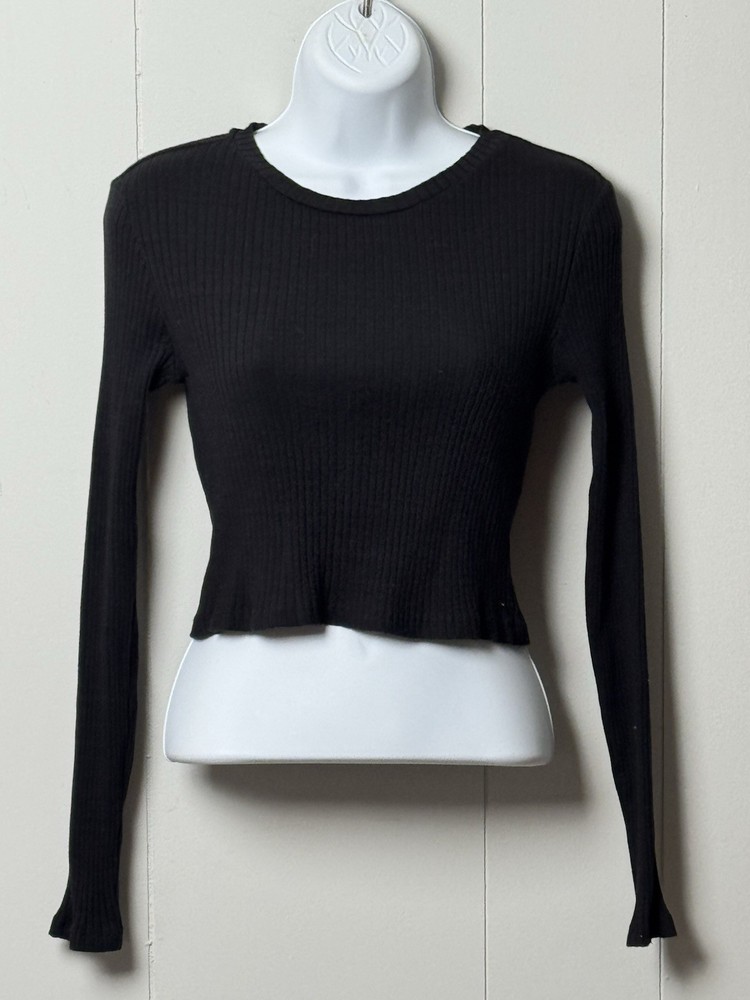 Zara Women’s Cotton Blend Black Ribbed Crop Top Long Sleeve Sweater Size M