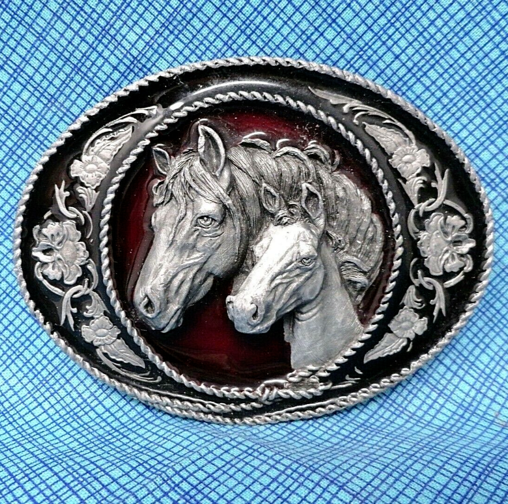 Horses Belt Buckle Mare Foal Cowboy Cowgirl Rancher Vtg 90s Siskiyou     .TWY094