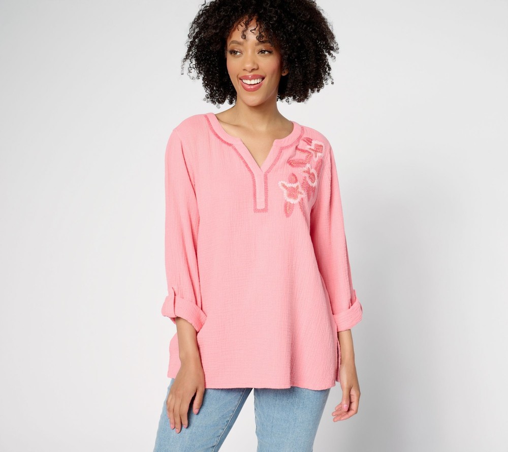 Susan Graver Women's Top Sz M PURE Getaway Gauze Embroidered Tunic Pink A691311